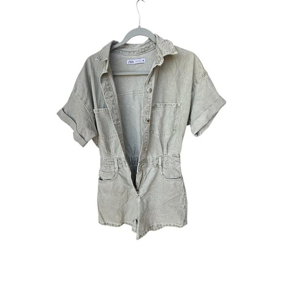 Zara Womens Short-Sleeve Button-Up Denim Romper Size S Light Gray Cotton Blend - Picture 2 of 10